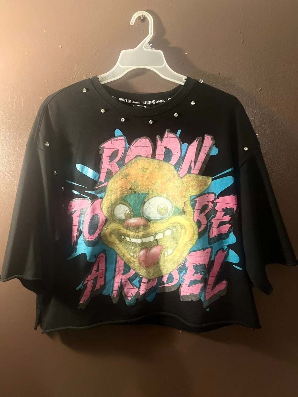 Switch Brand Born To Be Rebel Madballs Graphic Cropped Studded T-Shirt